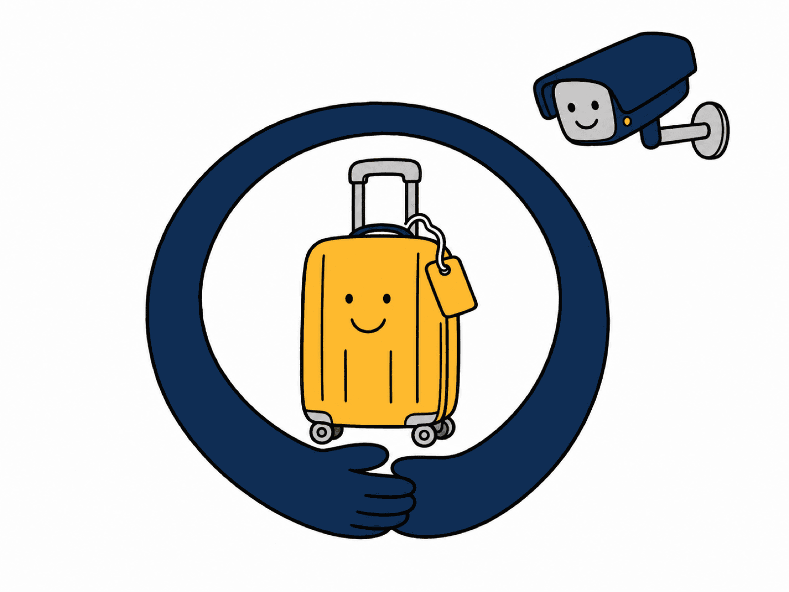 Sydney luggage storage security — a suitcase nestled safely between two big curved arms, watched by a friendly CCTV camera.